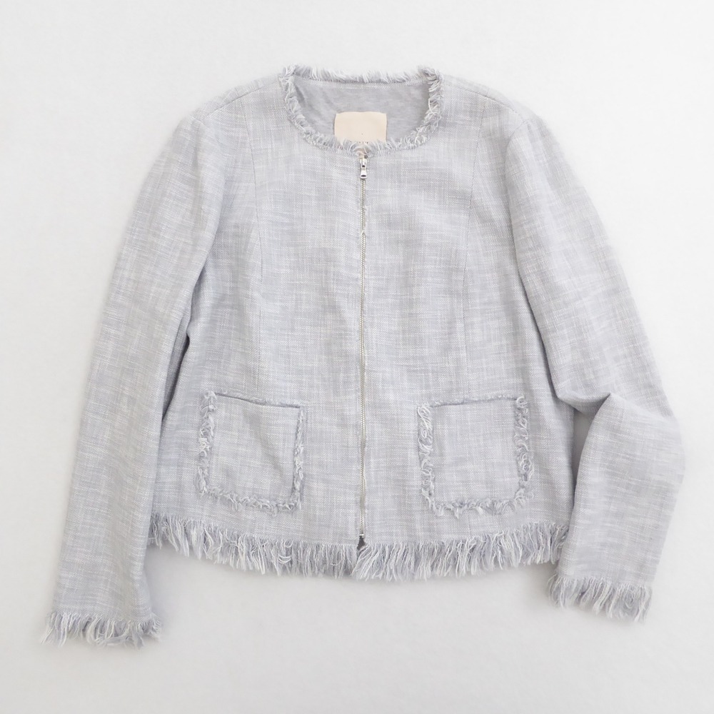 Rebecca Taylor Slub Suiting Fringe Hem Jacket Zip Front Blazer Gray Womens 10